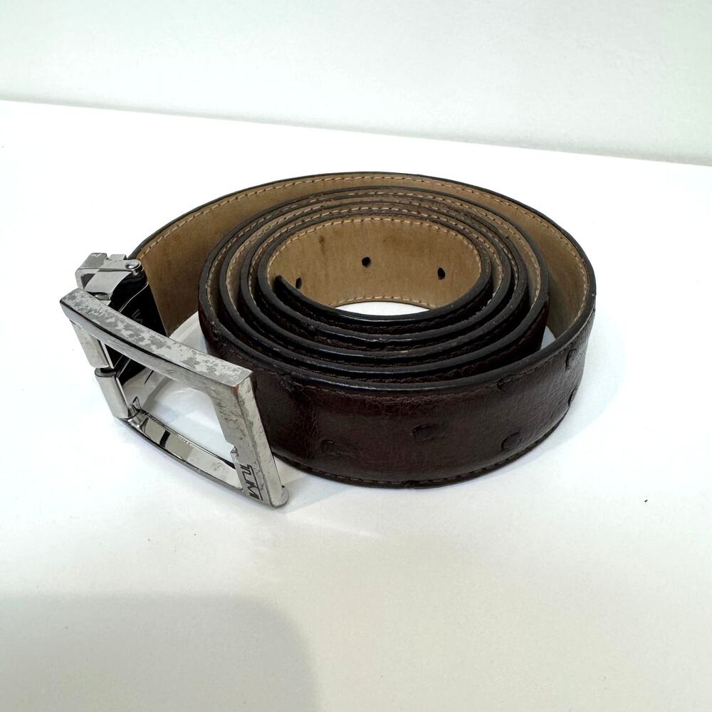 TUMI Brown Ostrich Leather Silver Adjustable Belt 100 Logo Buckle 40 Exotic